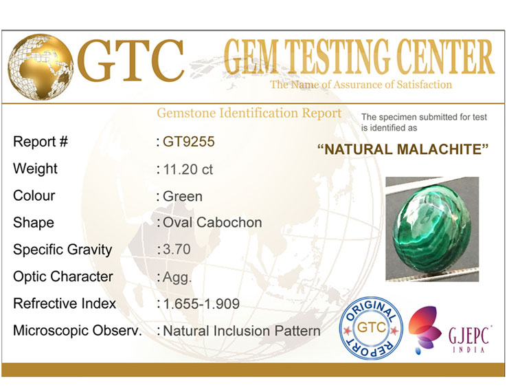 11.20 ct Natural Certified Malachite stone